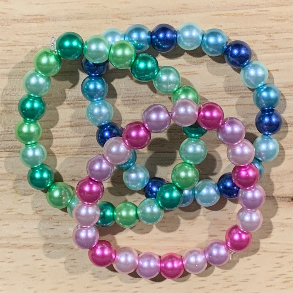 Handcrafted Set of 3 Glass Bead Bracelets Faux Pearl Stretch‎ Pink Green Blue